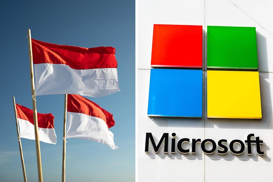 Indonesiens Flagga Mot Blå Himlen; Microsoftlogga På Byggnad; Microsoft, Satya Nadella, Ai