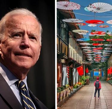 Bild På Joe Biden Och En Gata I Kina