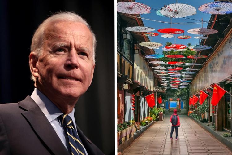 Bild På Joe Biden Och En Gata I Kina