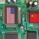 Amerikanska Och Kinesiska Flaggan På Ett Kretskort; Halvledare, Chips