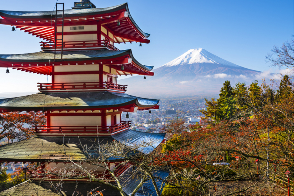 ett japanskt tempel i förgrunden och ett snötäckt berg i bakgrunden.jpg