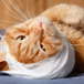 orange katt med bandage på huvudet ligger upp och ner på en studsmatta och tittar in i kameran.jpg