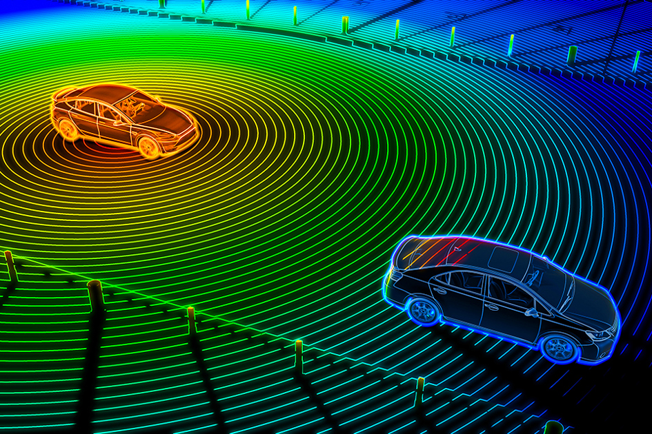 Edge, Computing, 2 Bilar I 3D Med Sensorcirklar Under Sig