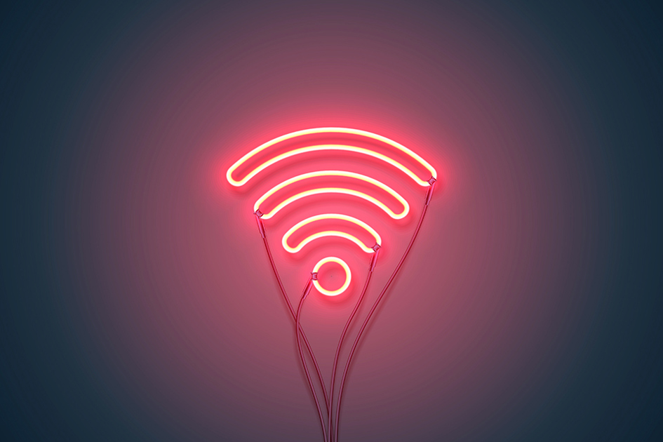 Wifi, En Neonlampa I Rött Som Ser Ut Som En Wifi Symbol