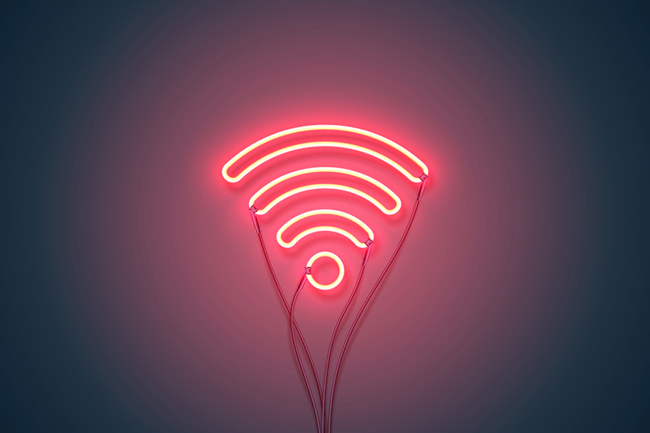 Wifi, En Neonlampa I Rött Som Ser Ut Som En Wifi Symbol