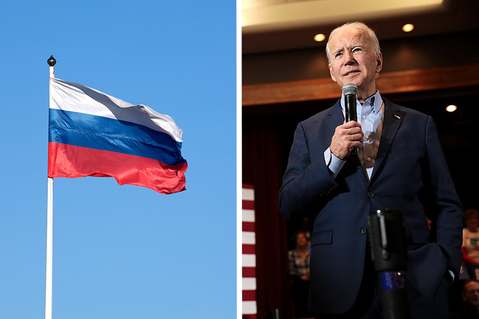 Rysk Flagga Till Vänster Och Joe Biden Till Höger