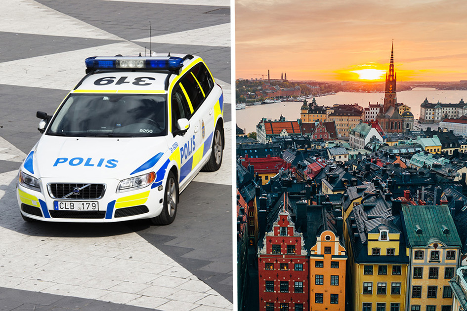 Polisbil Vid Plattan Och Drönare Över Stockholm